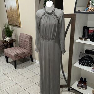 Bebe Gray Halter Bedazzled Neck Jumpsuit